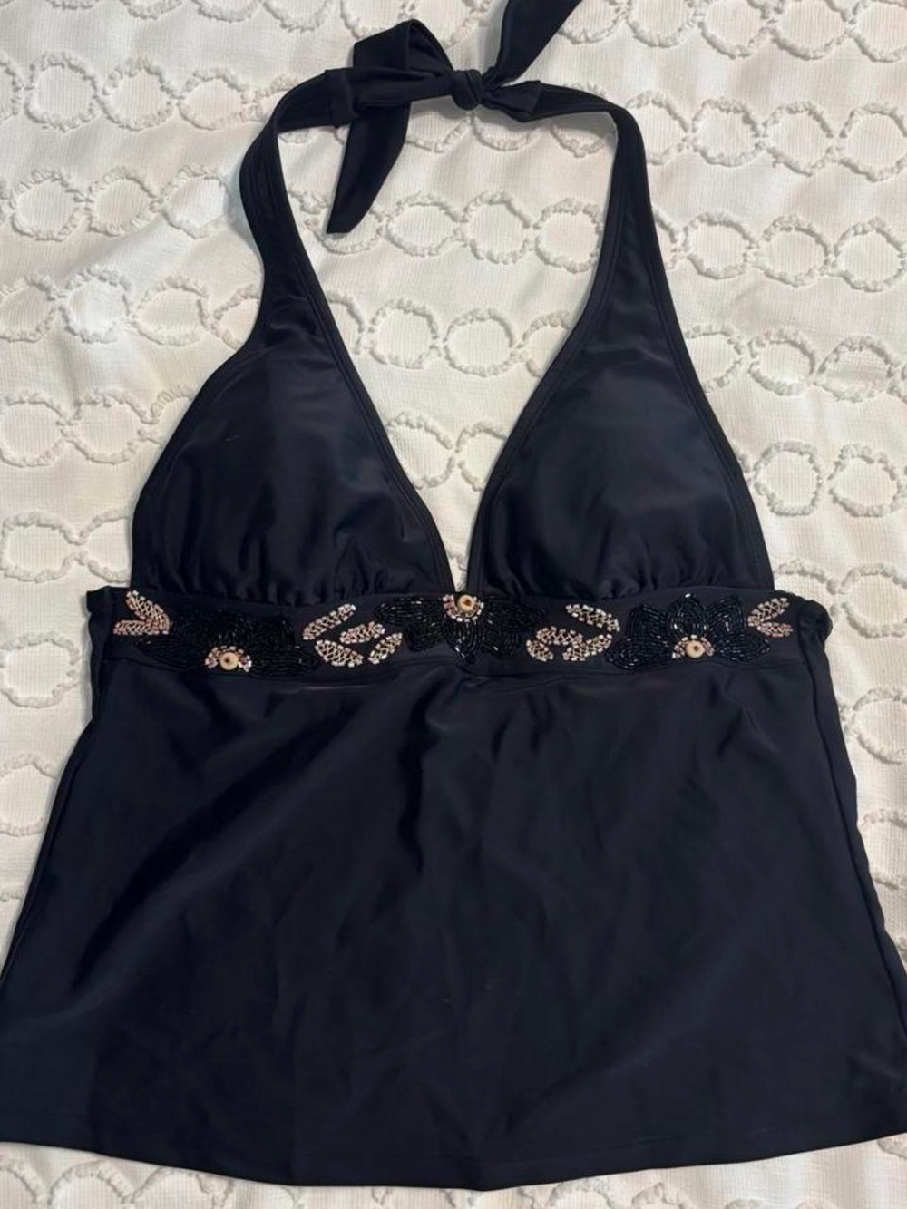 Vix Black Halter Tankini Swim Top Beaded Floral Detail Size 8